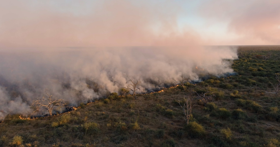 Climate emergency.Climate change. Global warming. Epic spectacular aerial zoom in view of smoke billowing from a grass fire caused by drought and climate change Royalty-Free Stock Footage #1075114319