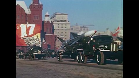 CIRCA 1968 - Rockets and missiles are towed by tanks in a military parade in Moscow, Russia.