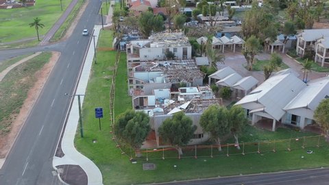 AUSTRALIA - CIRCA 2020s - 2021 - Excellent aerial shot of damage done by Cyclone Seroja to homes in Kalbarri, Australia.
