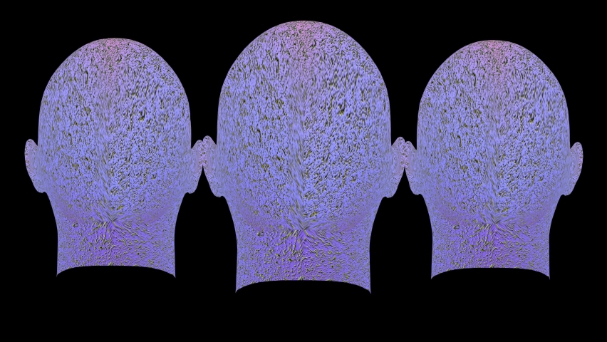 Three textured full-color human heads with black eyes rotate on a black background.