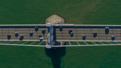 Overhead view of the Oakland Bay Bridge. Traffic passing by the bridge. California, United States. Shot in 8K.