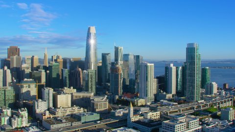 Aerial view of the San Francisco Financial District. Famous skyscrapers.  Shot in 8K. California, United States.
