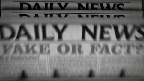 Fake on fact news, disinformation and information. Vintage newspaper printing abstract concept. Retro 3d black and white animation.