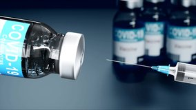 Medical syringe with a needle and a bollte with vaccine. 3D video