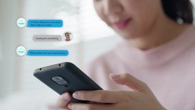 Close-up hand asian people use mobile phone happy buy online at home talk to ai shop store app ask data chat bot in sme social e-commerce web B2C crm iot pop up dialog text help seller smart life. - Powered by Shutterstock - Get 15% off with code: PIKWIZARD15