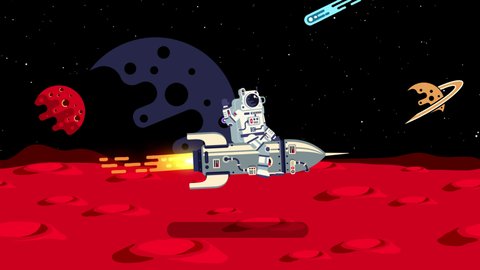 Spaceman riding rocket. Astronaut flying on rocketship above surface of planet with craters. Looped animation with alpha channel.