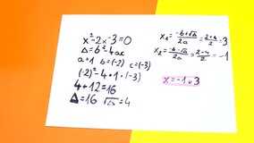 stop-motion animation showing the calculation of the quadratic equation. Calculation of the delta and two possible solutions to the equation. Learn math in a fun and simple way - Powered by Shutterstock - Get 15% off with code: PIKWIZARD15