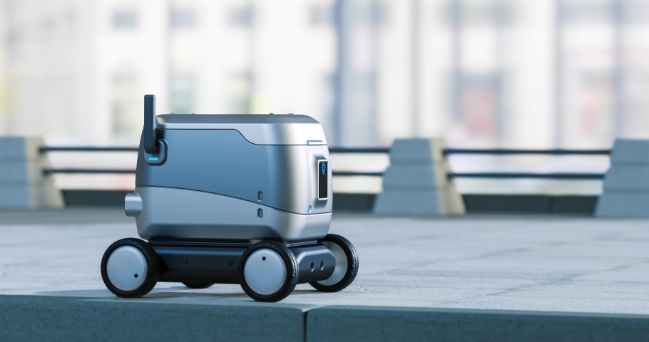 Artificial Intelligence Delivery Robot Service Driving. Smart Bot or Drone Delivers Goods or Food to a Customer. New Technological Iot Business Industry of Delivery Logistic. 3d animation | Shutterstock HD Video #1075146665