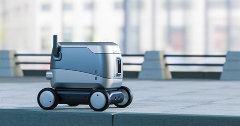 Artificial Intelligence Delivery Robot Service Driving. Smart Bot or Drone Delivers Goods or Food to a Customer. New Technological Iot Business Industry of Delivery Logistic. 3d animation
