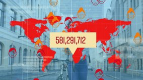 Animation of covid 19 data processing over world map and woman in face mask. global covid 19 pandemic concept digitally generated video. - Powered by Shutterstock - Get 15% off with code: PIKWIZARD15