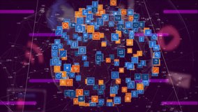 Animation of globe with icons and network of connections. global digital interface, technology and networking concept digitally generated video. - Powered by Shutterstock - Get 15% off with code: PIKWIZARD15