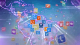 Animation of globe with icons and network of connections. global digital interface, technology and networking concept digitally generated video. - Powered by Shutterstock - Get 15% off with code: PIKWIZARD15