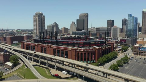 St. Louis , Missouri , United States - 06 12 2021: Pedestal Up Reveals Busch Stadium, Home of the St. Louis Cardinals MLB Franchise.