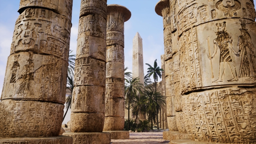 Video of Egyptian Obelisk near from Luxor Temple in Karnak with ancient egyptian architecture and hieroglyphic art on the columns Royalty-Free Stock Footage #1075155494