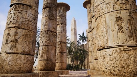 Video of Egyptian Obelisk near from Luxor Temple in Karnak with ancient egyptian architecture and hieroglyphic art on the columns