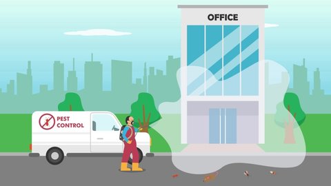 Pest control worker animation spraying insecticide to an office building while standing near his van. Cartoon in 4k resolution