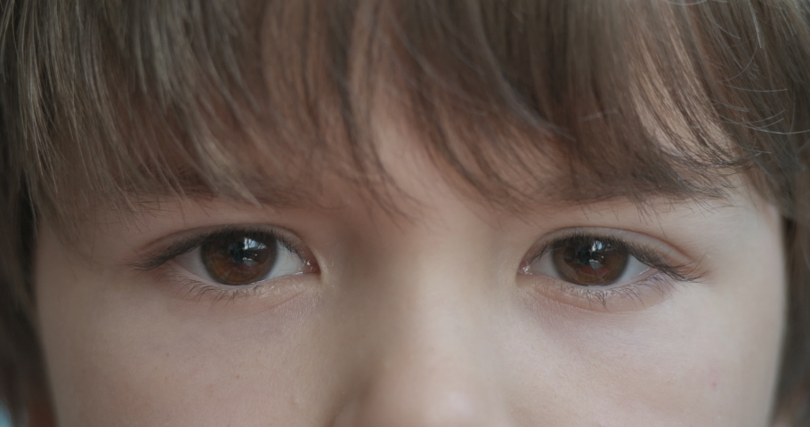 Portrait Child Boy Looking at Camera. Young Serious Thoughtful Child Boy Close-up Macro Eyes Thinking. Sad Kid Boy Portrait. Face Serious Contemplative Child.  Kid Eyes Closeup Looking To Camera. Royalty-Free Stock Footage #1075163834