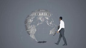 Animation of globe formed with american dollar bills with businessman and copy space on grey. global business, technology and networking concept digitally generated video.