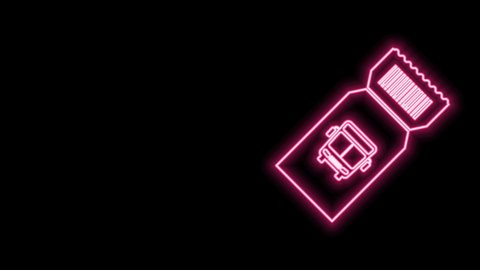 Glowing neon line Bus ticket icon isolated on black background. Public transport ticket. 4K Video motion graphic animation.