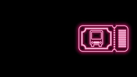 Glowing neon line Bus ticket icon isolated on black background. Public transport ticket. 4K Video motion graphic animation.