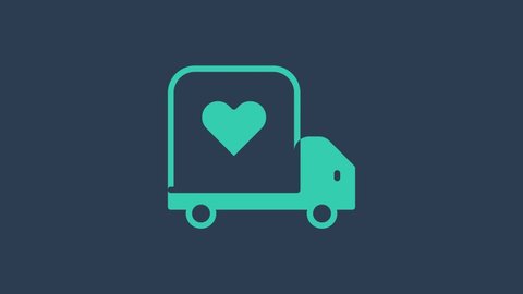 Turquoise Delivery truck with heart icon isolated on blue background. Love delivery truck. Love truck valentines day. 4K Video motion graphic animation.