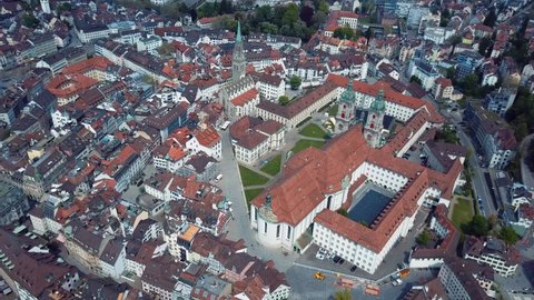 The cathedral of St. Gallen from above. The Stiftsbibliothekin St. Gallen captured with a drone. The city is visible as well.