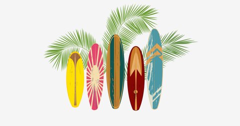 Vector Hello Summer poster background animation.  Flat horizontal banner. Wind surfing boards. Vector illustration. Vintage surfboards collection