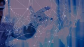 Animation of network of connections over businessman wearing vr headset touching screen. global connections, technology, data processing and digital interface concept digitally generated video. - Powered by Shutterstock - Get 15% off with code: PIKWIZARD15