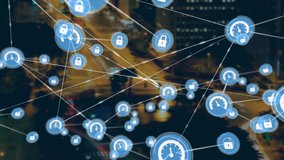 Network of digital lock & meter icons against aerial view of night city traffic. global networking and computer interface technology concept - Powered by Shutterstock - Get 15% off with code: PIKWIZARD15