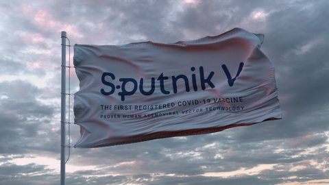 MOSCOW, RUSSIA, JUNE 2021: Flag with the Sputnik V vaccine logo waving in the wind. Sputnik V is the Russian COVID-19 vaccine