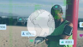 Animation of globe and social media speech bubbles over sportsman checking smartwatch. global digital interface, technology and networking concept digitally generated video. - Powered by Shutterstock - Get 15% off with code: PIKWIZARD15