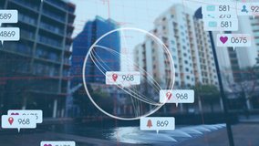 Animation of scope scanning and social media speech bubbles over cityscape. global digital interface, technology and networking concept digitally generated video. - Powered by Shutterstock - Get 15% off with code: PIKWIZARD15