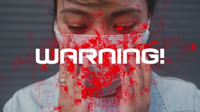 Animation of text warning, with biohazard symbol, over woman in face mask in city street. healthcare, protection and communication during coronavirus covid 19 pandemic, digitally generated video.