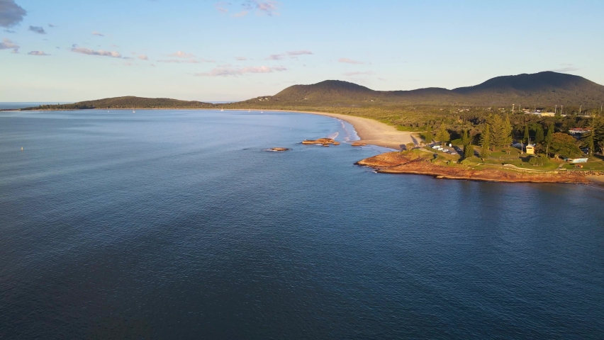 Horseshoe Bay Beach And Monument Point At Mid North Coast, NSW, Australia. aerial