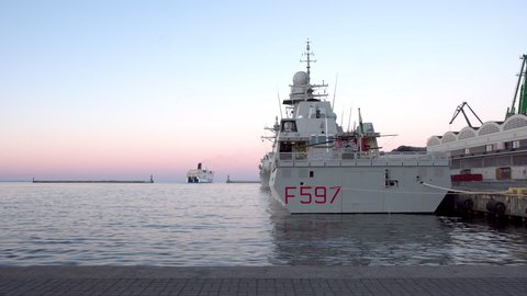 Gdynia , Poland - 06 02 2021: Harbor in Gdynia, near museum of emigration