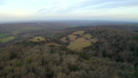 An aerial shot over Box Hill zig zags in Surrey, Dorking in the English countryside