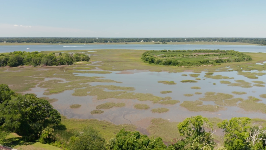 Low Country swamp, bog in black water region. Charleston South Carolina, Ashley River. Aerial drone shot on sunny day.