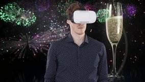 Animation of man wearing vr headset, happy new year text, champagne and fireworks on black. happy new year's eve celebration and party concept digitally generated video.