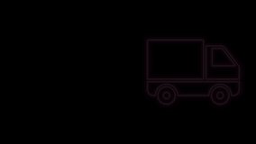 Glowing neon line Delivery cargo truck vehicle icon isolated on black background. 4K Video motion graphic animation.