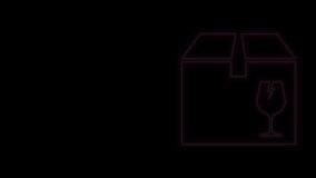 Glowing neon line Delivery package box with fragile content symbol of broken glass icon isolated on black background. Box, package, parcel sign. 4K Video motion graphic animation.