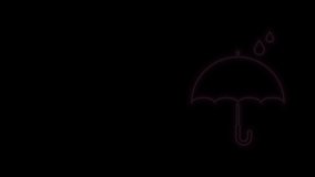 Glowing neon line Umbrella and rain drops icon isolated on black background. Waterproof icon. Protection, safety, security concept. Water resistant symbol. 4K Video motion graphic animation.