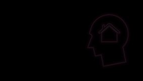 Glowing neon line Man dreaming about buying a new house icon isolated on black background. 4K Video motion graphic animation.