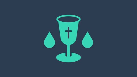 Turquoise Christian chalice icon isolated on blue background. Christianity icon. Happy Easter. 4K Video motion graphic animation.
