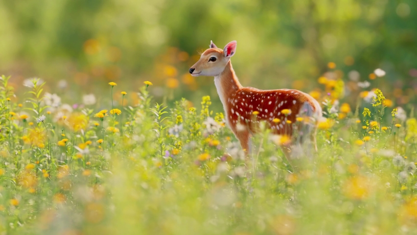 A cute sika deer stands in spring flowers, looking for food.