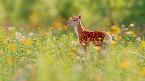 A cute sika deer stands in spring flowers, looking for food.