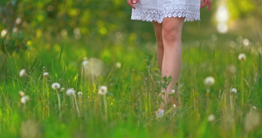 Close-up, female legs are walking along the lawn, green grass with flowers. Legs in sneakers walk, a spring meadow with dandelions. 4k, ProRes