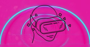 Animation of neon head wearing vr headset on vibrant neon background. video game and entertainment concept digitally generated video.