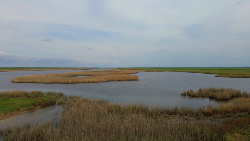 Lake at Horizonless Grassy Plain. Aerial View