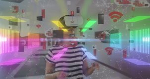 Animation of woman wearing vr headset on vibrant neon background. video game and entertainment concept digitally generated video.