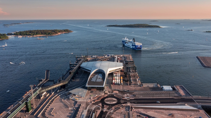 Helsinki, Finland - June 4, 2021: Aerial view of the West Terminal 2 in the port of Helsinki. Eckerö Line's ship MS Finlandia is arriving from Tallinn. Hyperlapse video.